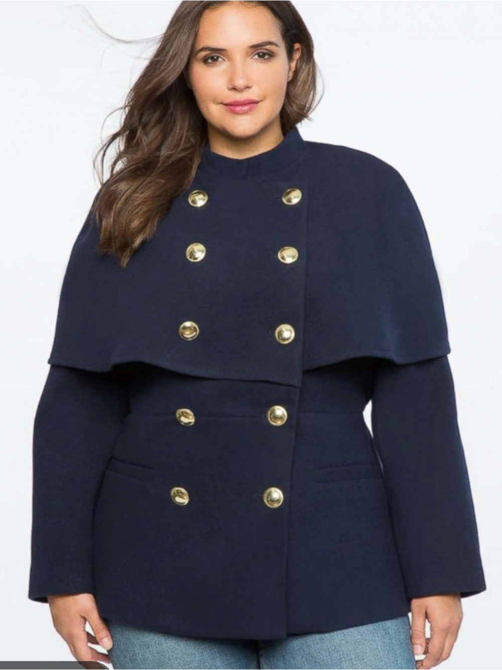 ELOQUII Women's 18/20 Navy Double Breasted Gold Button Cape Jacket Anthropologie